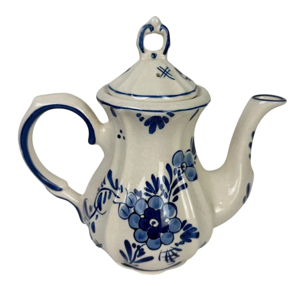 Delft Blue Handpainted Ceramic Teapot Windmill Floral Blue White Dutch Pottery‎